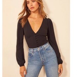 REFORMATION Nell Top LONG SLEEVE CREPE WOMENS SIZE M  BLACK